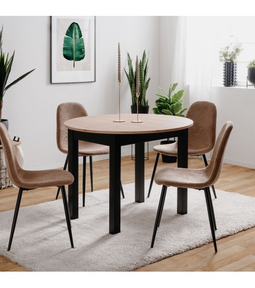 Tavolo rotondo allungabile Coburg 100 in piano quercia e struttura nera 100x76x100 cm.
