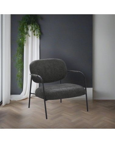 Poltrona Nat con struttura in metallo nero e seduta in tessuto teddy grigio scuro