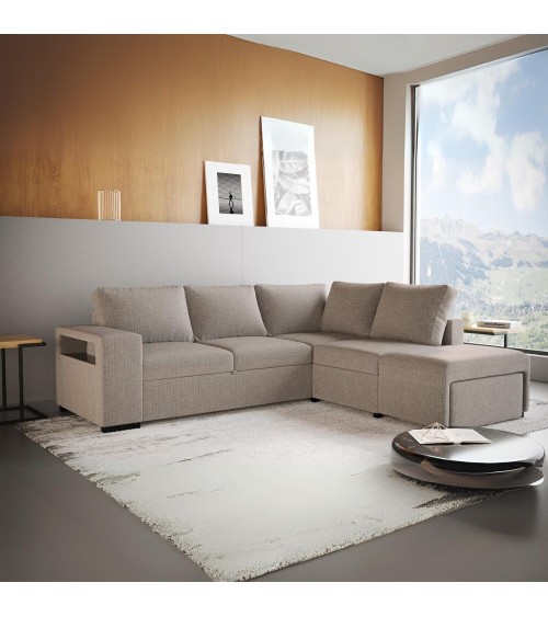 Divano letto angolare reversibile Jozzis con vano contenitore e pouf in tessuto Dubai G0741 sabbia