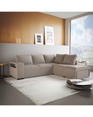 Divano letto angolare reversibile Jozzis con vano contenitore e pouf in tessuto Dubai G0741 sabbia