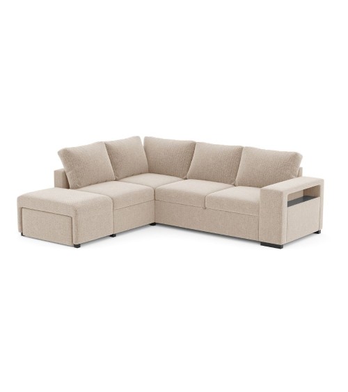 Divano letto angolare reversibile Jozzis con vano contenitore e pouf in tessuto Dubai G0741 sabbia