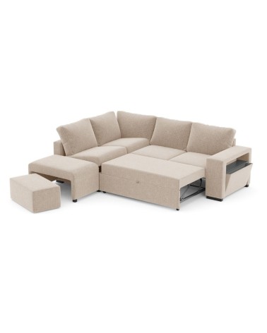 Divano letto angolare reversibile Jozzis con vano contenitore e pouf in tessuto Dubai G0741 sabbia