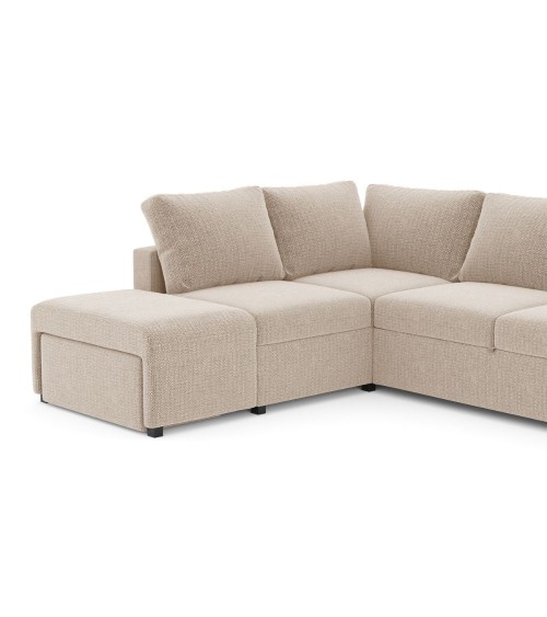 Divano letto angolare reversibile Jozzis con vano contenitore e pouf in tessuto Dubai G0741 sabbia