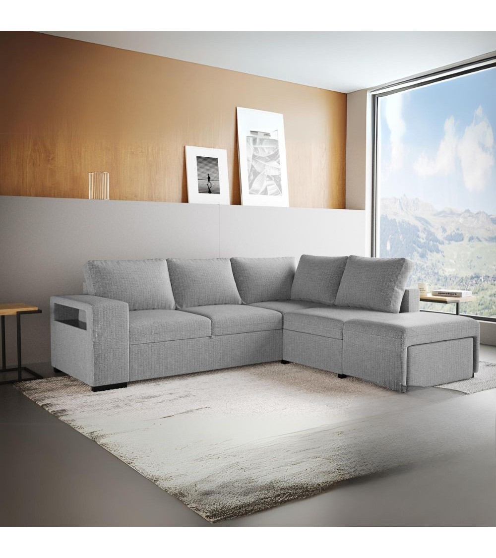 Divano letto angolare reversibile Jozzis con vano contenitore e pouf in tessuto Zenith C1756 grigio