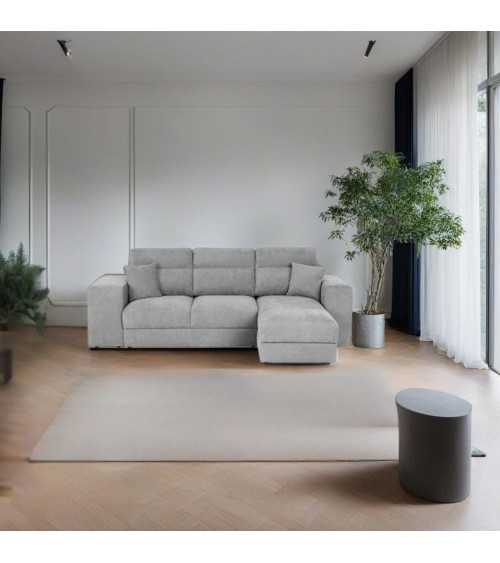 Divano letto Lilo con penisola e 2 pouf reversibile in tessuto Vardo G1310 grigio chiaro
