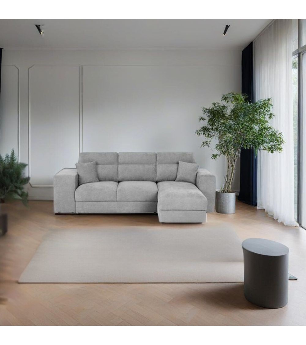 Divano letto Lilo con penisola e 2 pouf reversibile in tessuto Vardo G1310 grigio chiaro