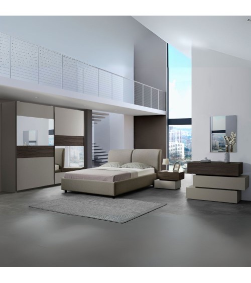 Camera da letto Kendra con letto contenitore imbottito e armadio 2 ante scorrevoli con specchi colore tortora noce