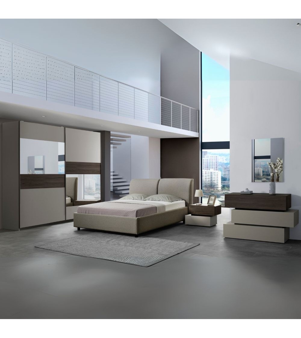 Camera da letto Kendra con letto contenitore imbottito e armadio 2 ante scorrevoli con specchi colore tortora noce