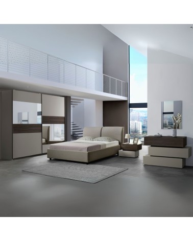Camera da letto Kendra con letto contenitore imbottito e armadio 2 ante scorrevoli con specchi colore tortora noce