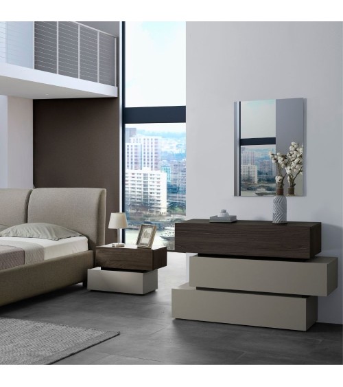 Camera da letto Kendra con letto contenitore imbottito e armadio 2 ante scorrevoli con specchi colore tortora noce