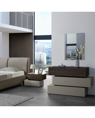 Camera da letto Kendra con letto contenitore imbottito e armadio 2 ante scorrevoli con specchi colore tortora noce