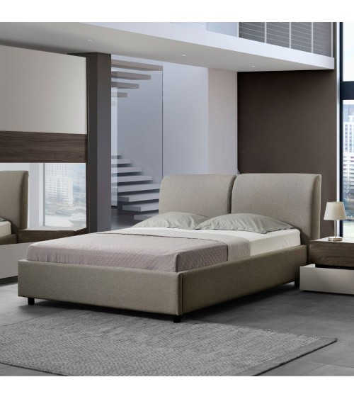 Camera da letto Kendra con letto contenitore imbottito e armadio 2 ante scorrevoli con specchi colore tortora noce