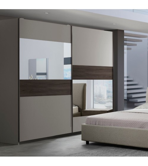 Camera da letto Kendra con letto contenitore imbottito e armadio 2 ante scorrevoli con specchi colore tortora noce