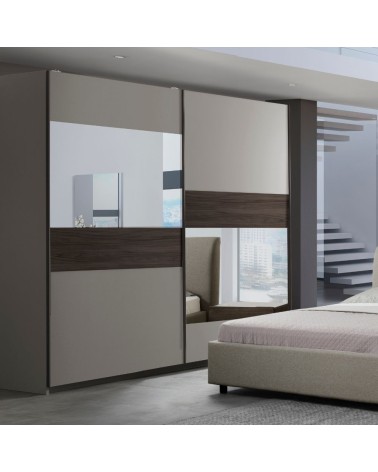 Camera da letto Kendra con letto contenitore imbottito e armadio 2 ante scorrevoli con specchi colore tortora noce