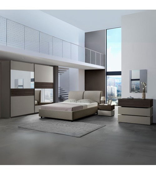 Camera da letto Kendra con letto contenitore imbottito e armadio 2 ante scorrevoli con specchi colore tortora noce