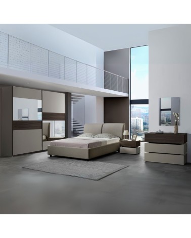 Camera da letto Kendra con letto contenitore imbottito e armadio 2 ante scorrevoli con specchi colore tortora noce