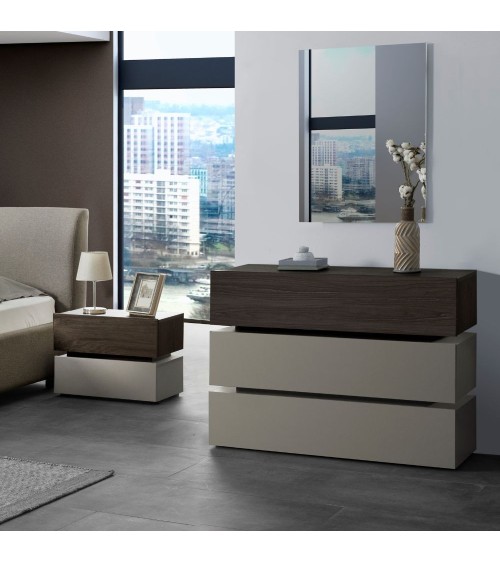 Camera da letto Kendra con letto contenitore imbottito e armadio 2 ante scorrevoli con specchi colore tortora noce