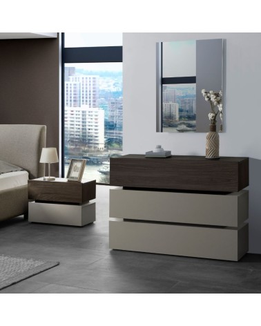 Camera da letto Kendra con letto contenitore imbottito e armadio 2 ante scorrevoli con specchi colore tortora noce