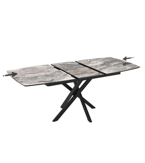 Tavolo allungabile Filis con piano effetto marmo arabesque nero lucido e gambe in metallo nero
