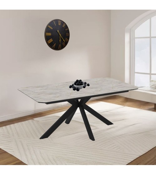 Tavolo allungabile Opera in piano lagina effetto marmo grigio opaco e struttura in metallo nero