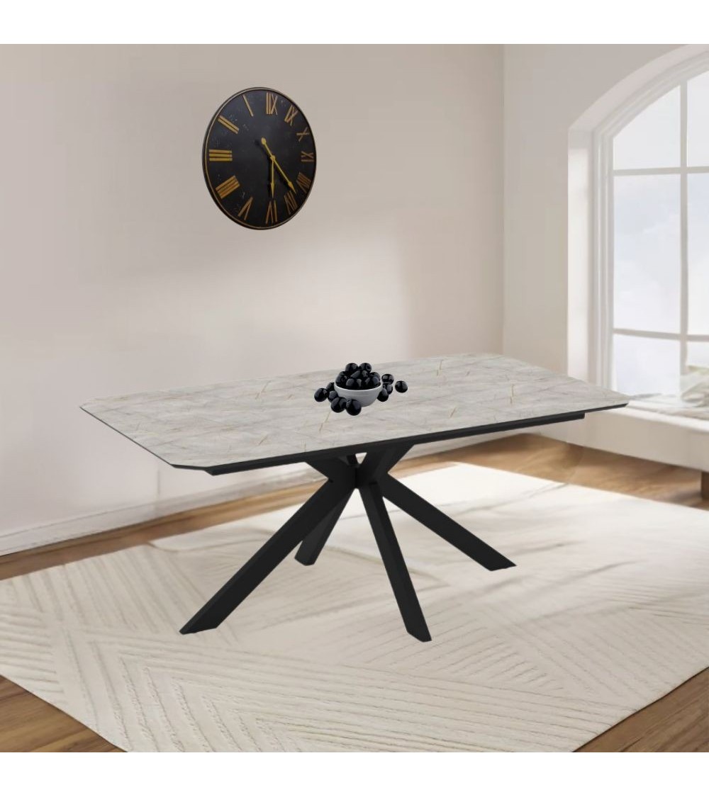 Tavolo allungabile Opera in piano lagina effetto marmo grigio opaco e struttura in metallo nero