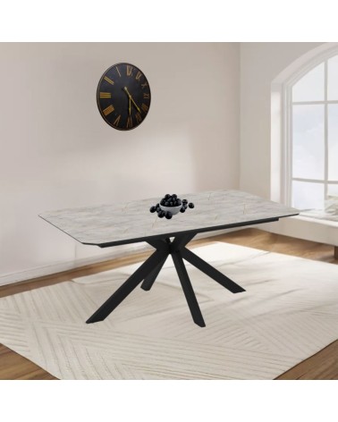 Tavolo allungabile Opera in piano lagina effetto marmo grigio opaco e struttura in metallo nero