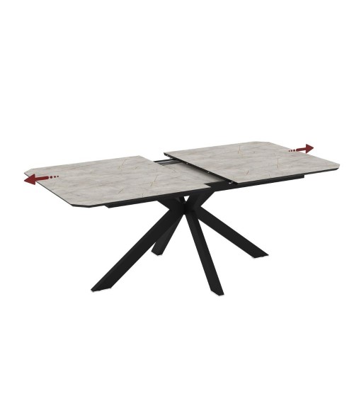 Tavolo allungabile Opera in piano lagina effetto marmo grigio opaco e struttura in metallo nero